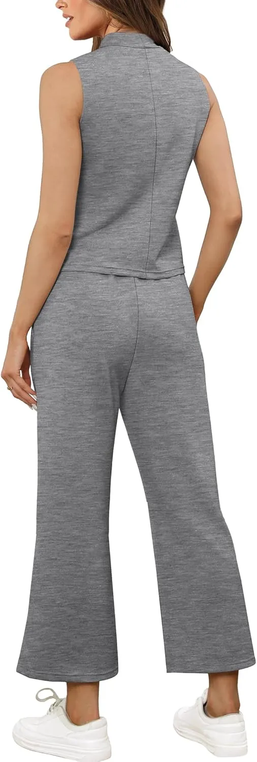 Two Piece Sets for Women Summer Outfits Lounge Sets Mock Neck Tops Wide Leg Crop Pants Vacation Travel Outfits