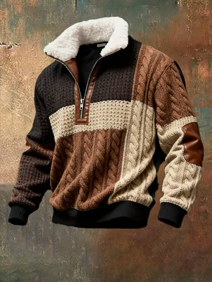 Men's Retro Color Block Print Casual Fur Collar Long Sleeve Sweatshirt