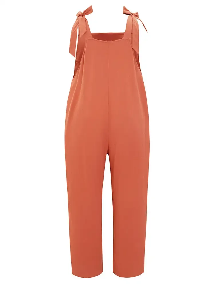 Solid Pleated Detail Pocket Knotted Shoulder Overall Jumpsuit