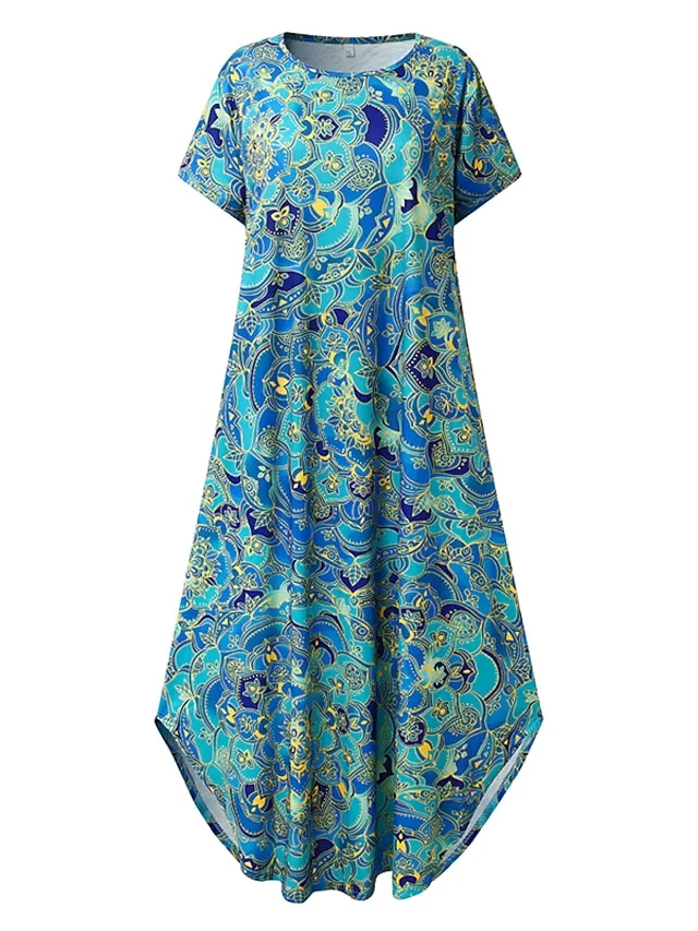 Women's Casual Dress Ethnic Dress Shift Dress Long Dress Maxi Dress Black Pink Wine Short Sleeve Floral Print Spring Summer Crew Neck Vintage Daily Vacation Weekend 2023 S M L XL XXL 3XL