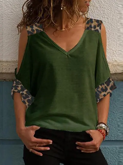 Leopard Print V-neck Cold Shoulder Tops
