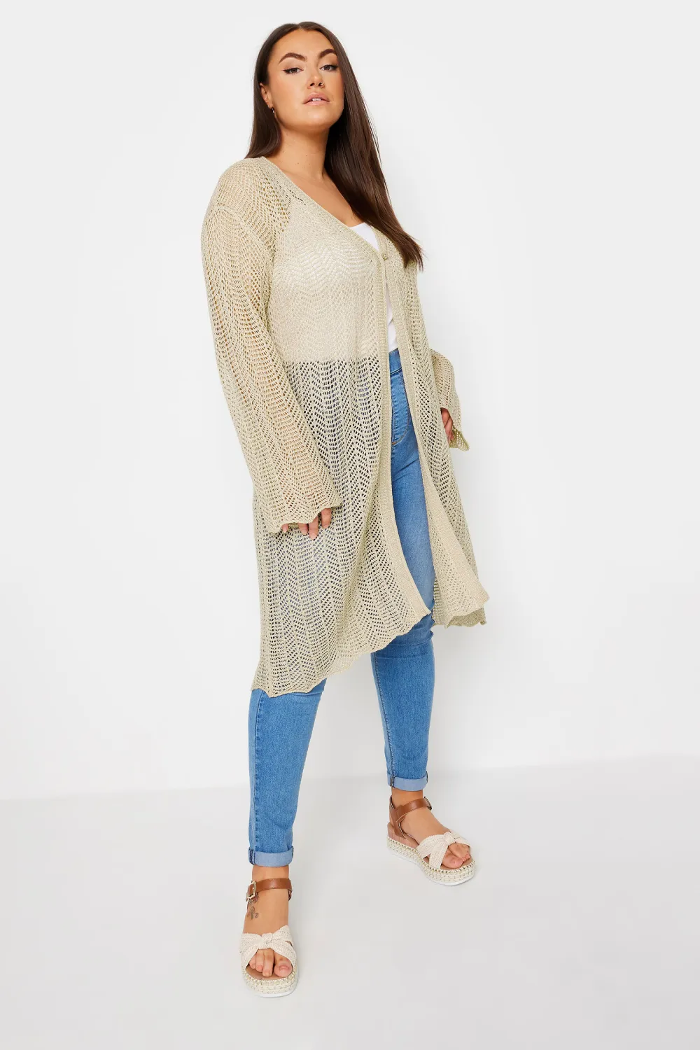 YOURS Curve Natural Brown Metallic Crochet Midi Cardigan