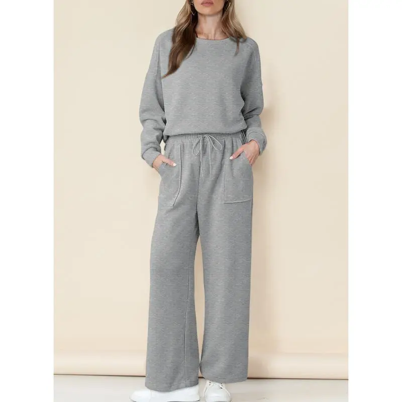 Women's Cotton 2 Piece Outfits Sweatsuit Casual Fall Long Sleeve Knit Tops And Pants Lounge Sets