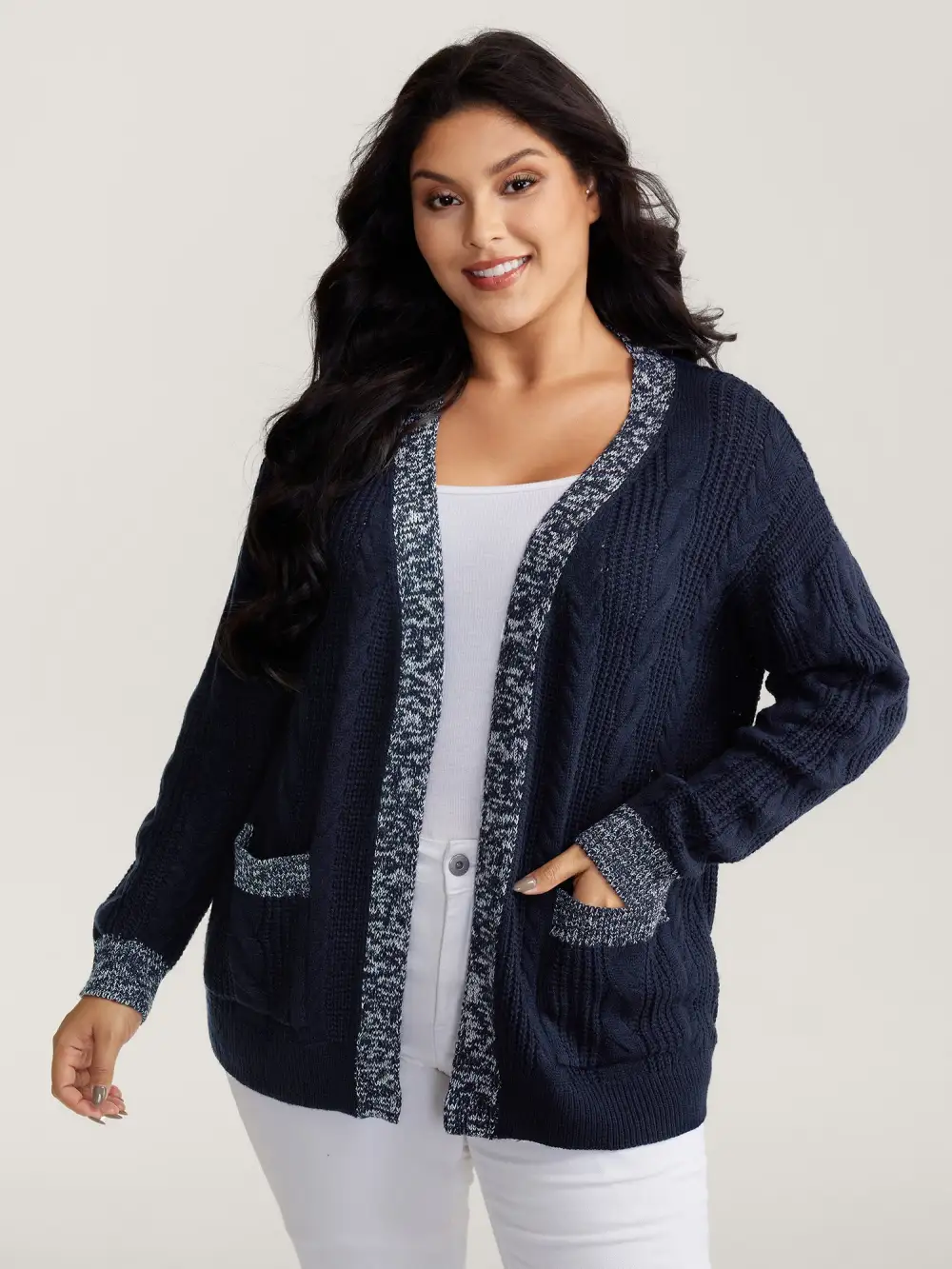 Mixed-Yarn Color Contrast Pockets Knit Cardigan