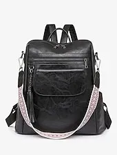 Women's Vintage Faux Leather Backpack with Tassel and Adjustable Geometric Strap – Casual Multi-pocket Travel Bag