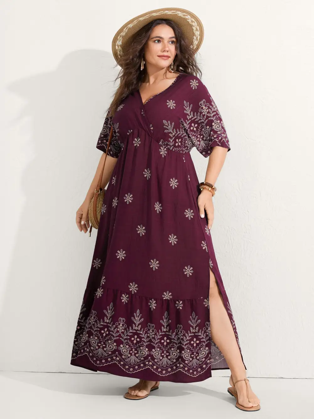 Surplice Neck Split Side Pockets Midi Dress