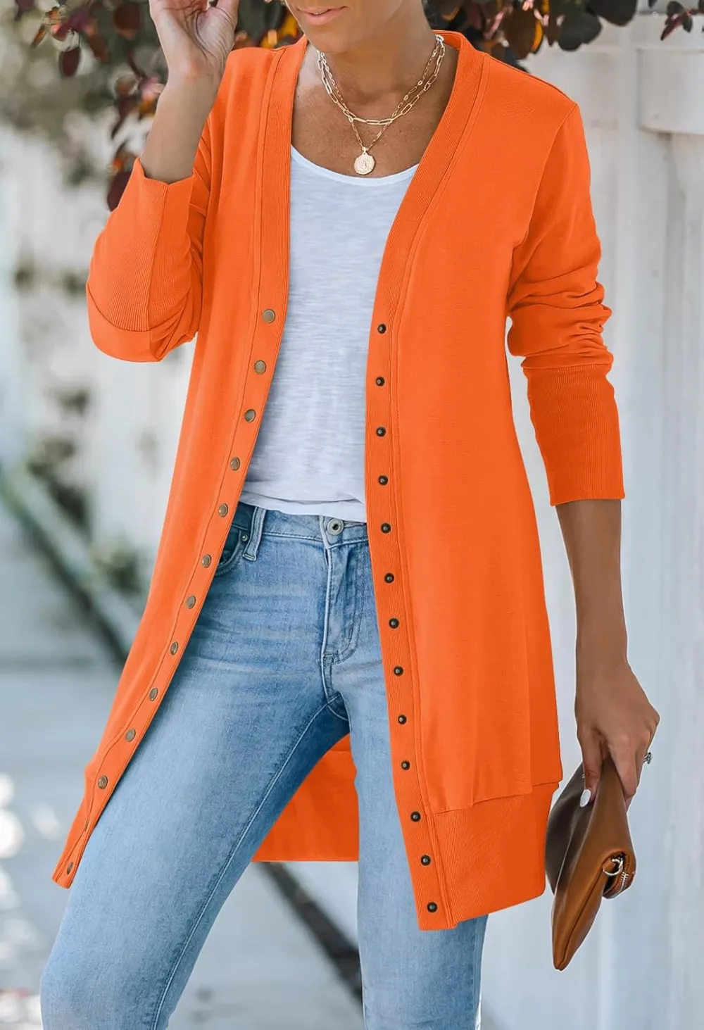 Women's 2024 Fall Long Sleeve Snap Button Down Solid Color Knit Ribbed Neckline Cardigans