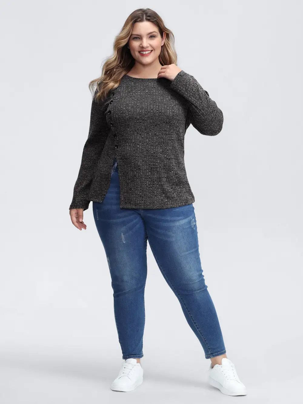 Stretchy Side Button Detail Slit T-Shirt