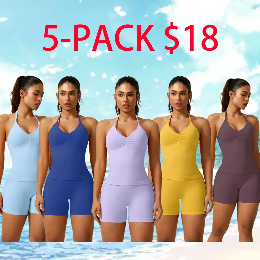 Women's Solid Ruched Design Backless Halter Top & High Waist Shorts Tracksuit Set