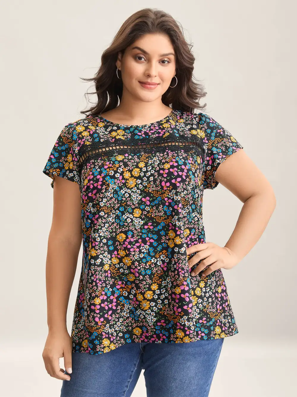 Multi-Color Floral Print Lace Spliced Blouse