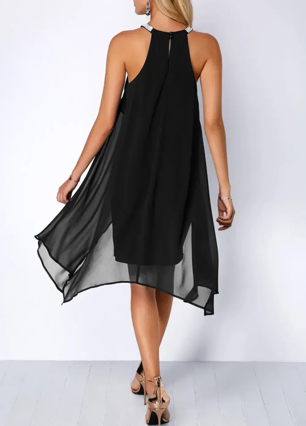 Embellished Neck Asymmetric Hem Chiffon Overlay Dress
