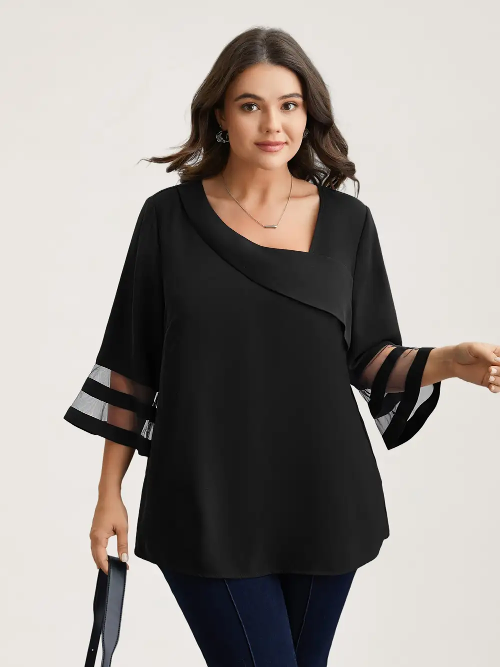 Sheer Sleeve Patchwork Asymmetrical Neckline Blouse