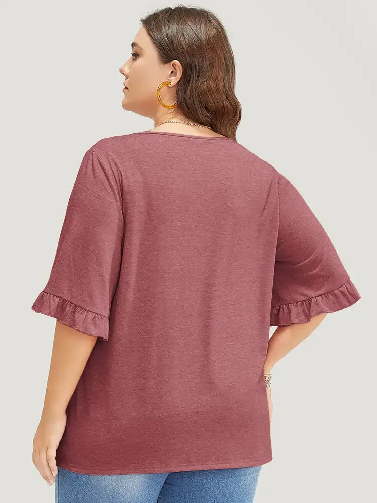 Solid Gathered Ruffle Trim Flounce Sleeve T-shirt