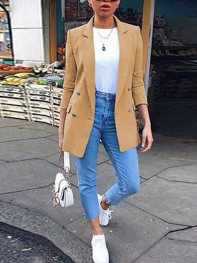 Women's Blazer Solid Color Classic Work Long Sleeve  Casual Work Office Open Front Blazer Jacket Cardigan Solid Color with Pockets