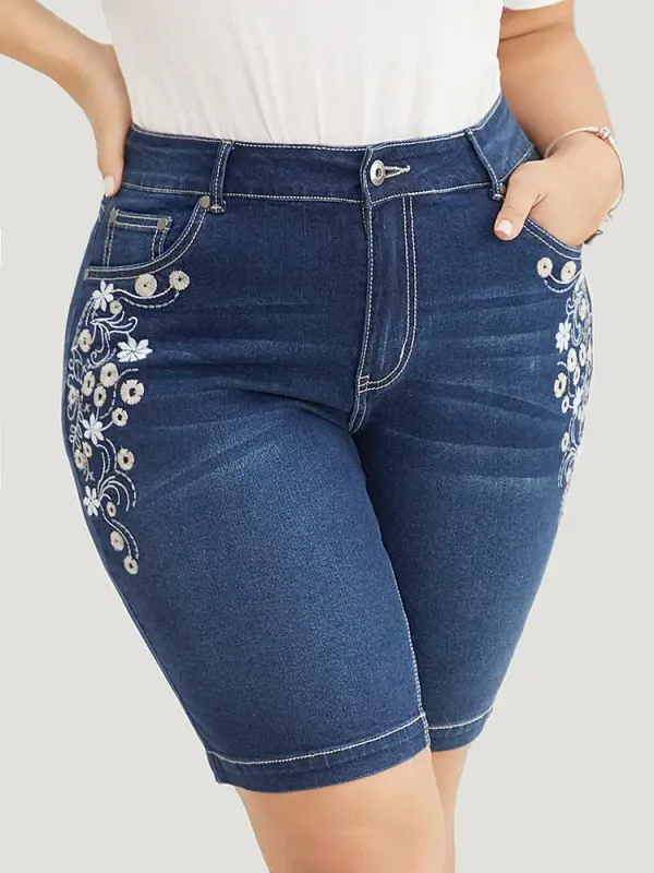 Very Stretchy High Rise Dark Wash Floral Embroidered Denim Shorts