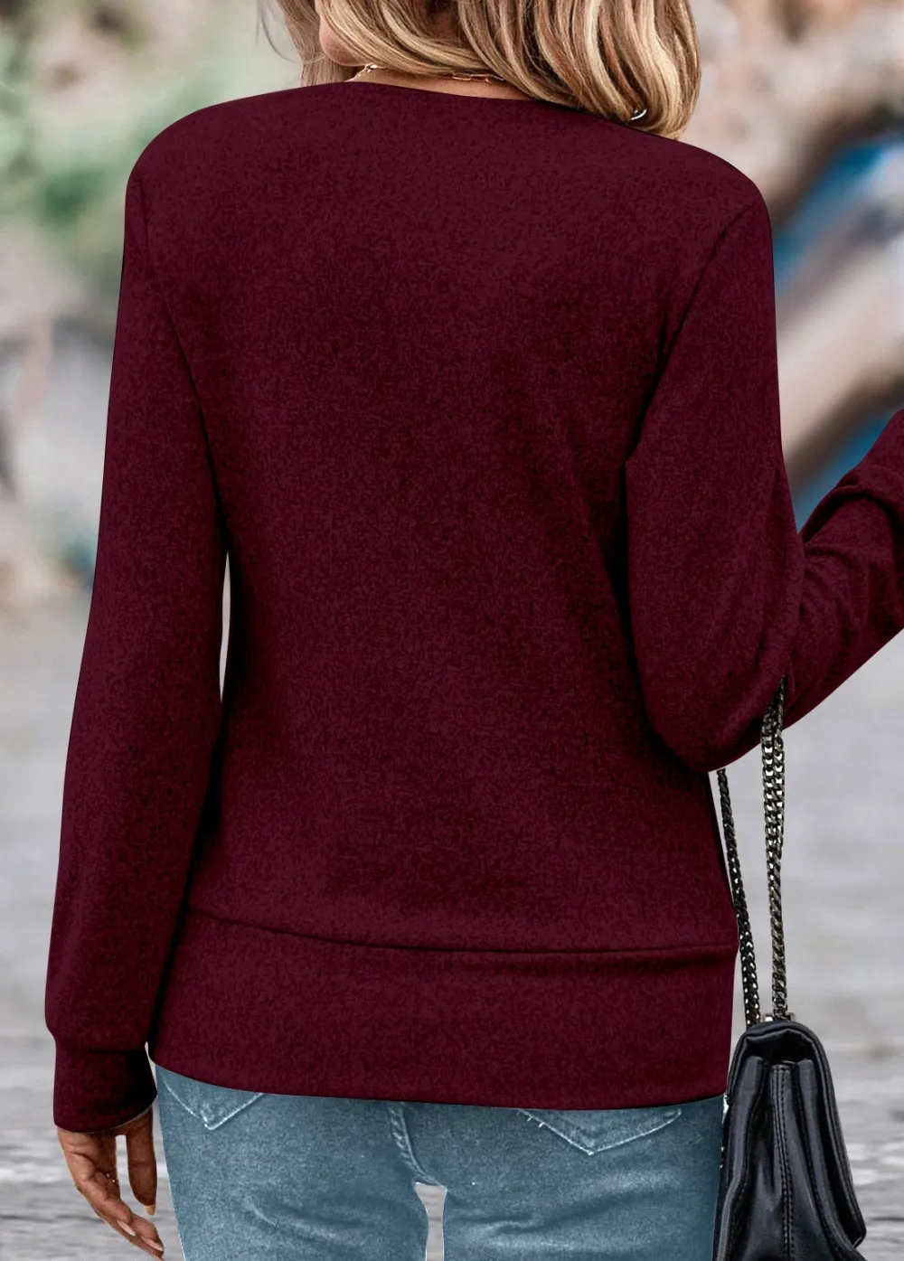 Wine Red Fake 2in1 Plaid Long Sleeve Sweatshirt