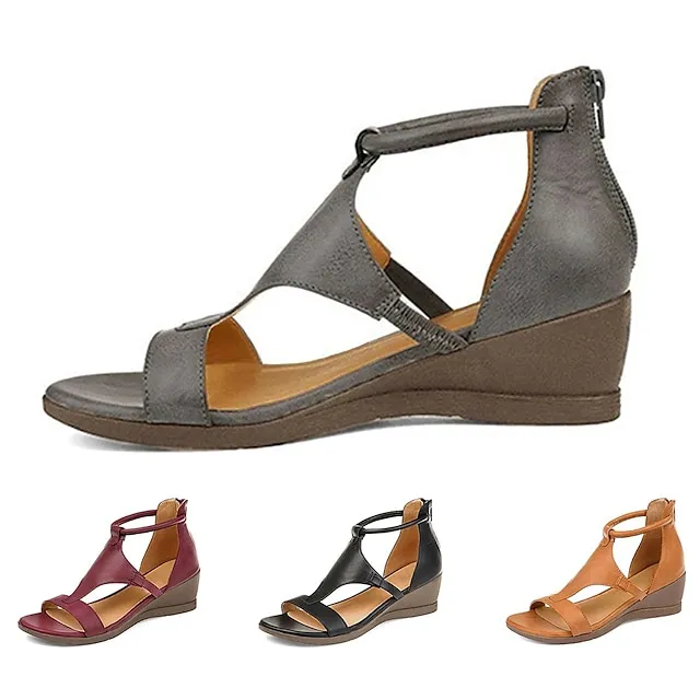 Women's Sandals Wedge Sandals Gladiator Sandals Roman Sandals Plus Size Outdoor Daily Summer Wedge Heel Open Toe Vintage Classic Casual PU Leather Polyester Zipper Solid Color Solid Colored Dark Red