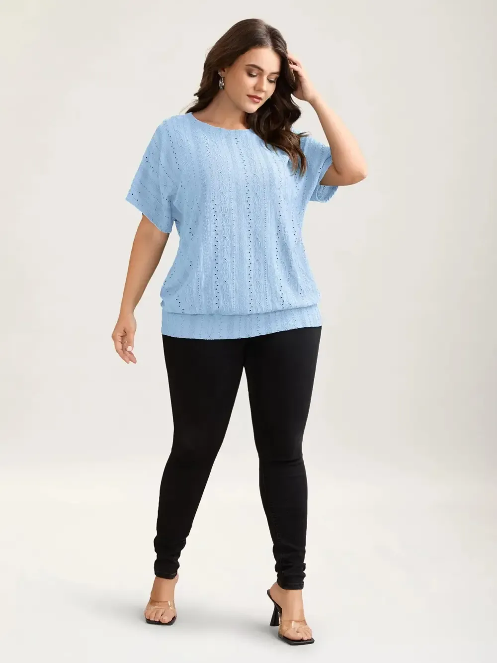 Eyelet Trim Stretchy Textured Plain Top