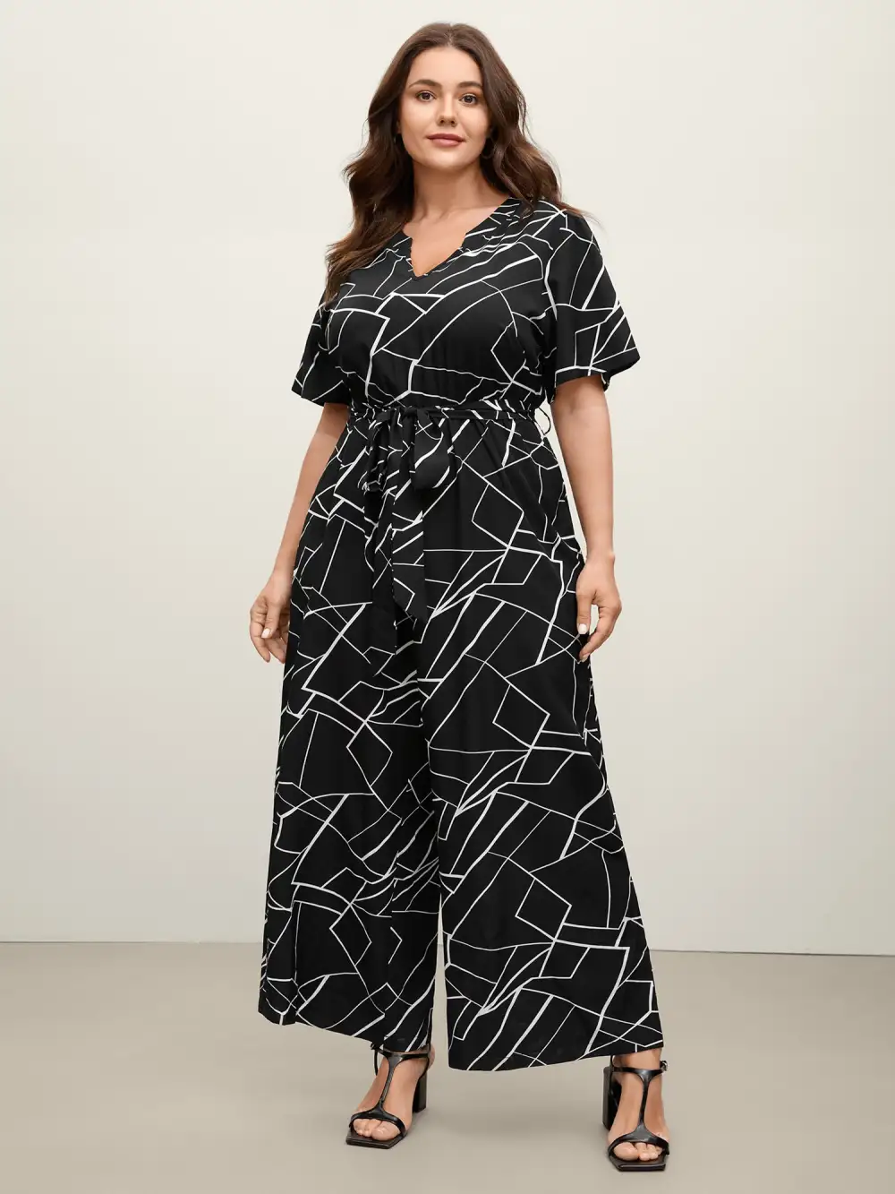 Geometric Print Waist-Defining Belted Jumpsuit