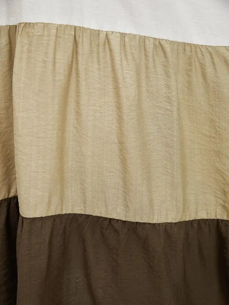 Color Block Contrast Pocket Pleated Knot Neck Dress