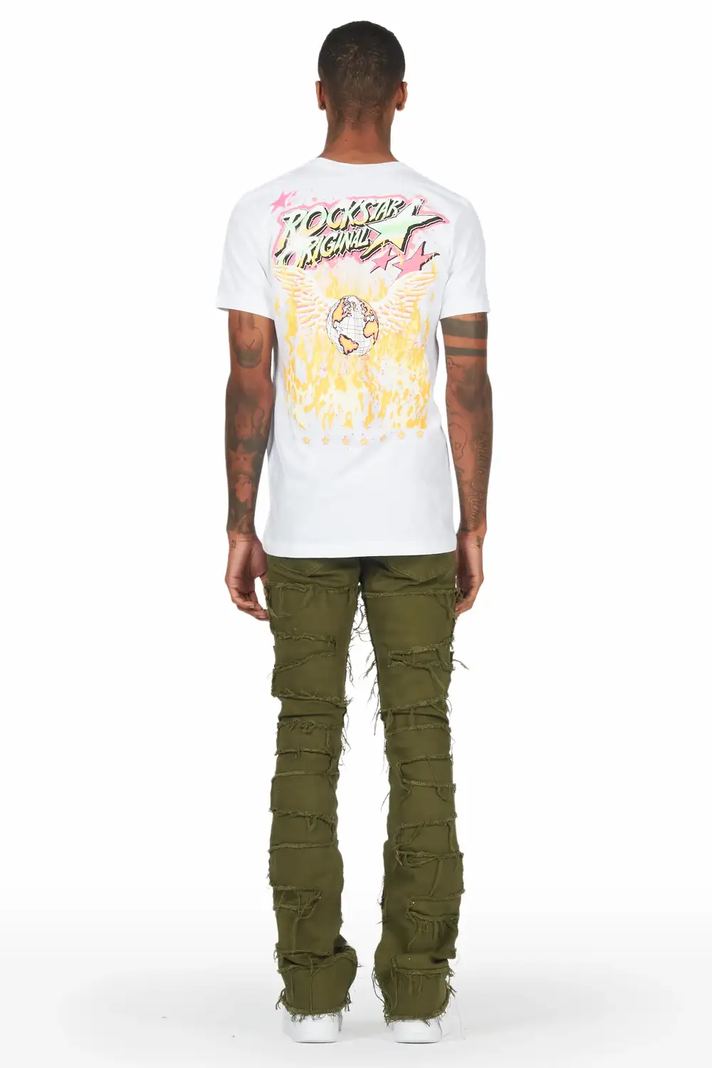 Yakez Green Painter Stacked Flare Jean