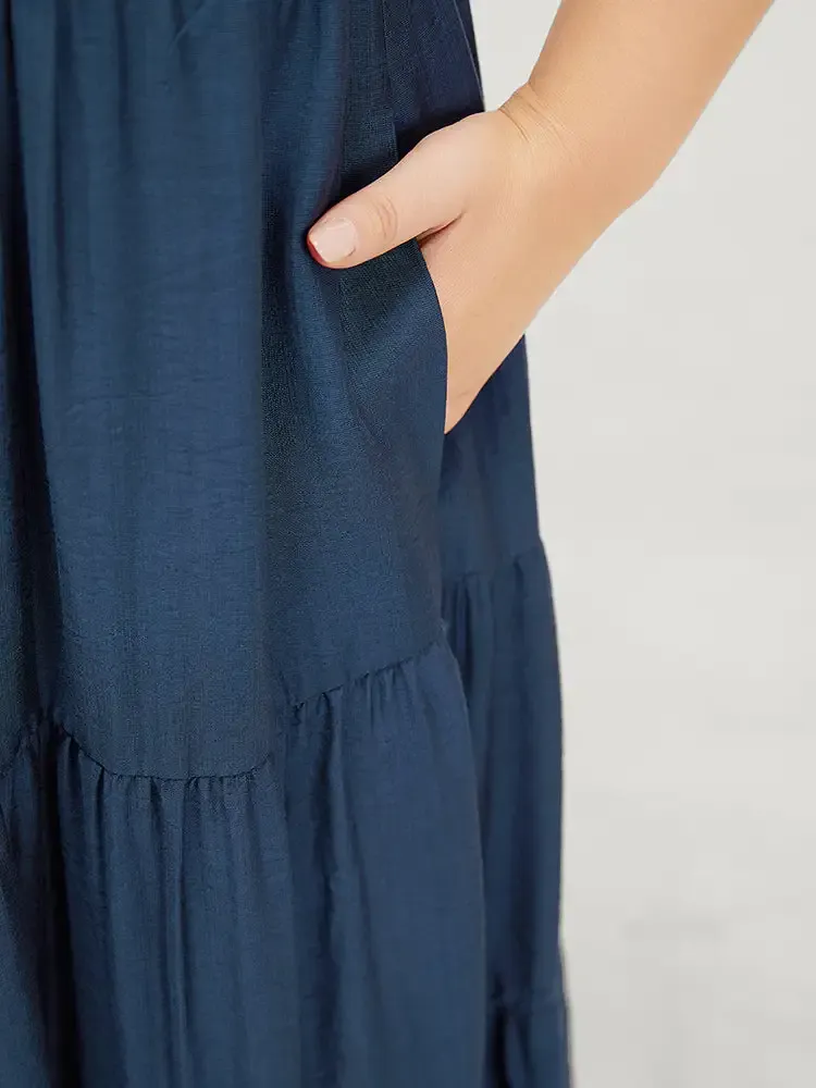 Plain Pocket Button Detail Ruffle Layered Hem Dress