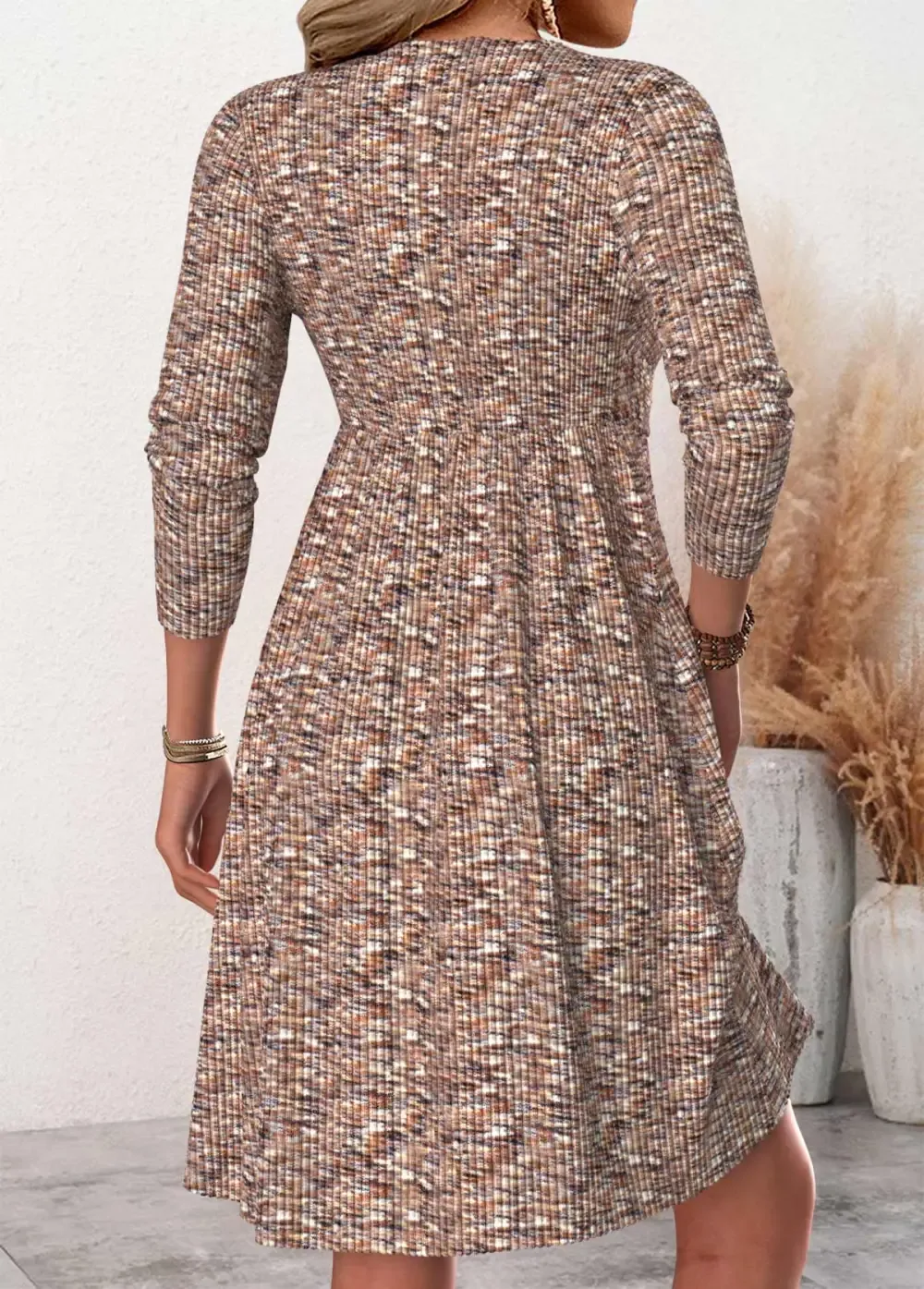 Multi Color Tummy Coverage Long Sleeve V Neck Dress