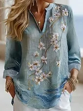Women's Shirt Floral Daily Casual Long Sleeve V Neck Regular Tops Daily Holiday Buttons Print Blue Spring Fall