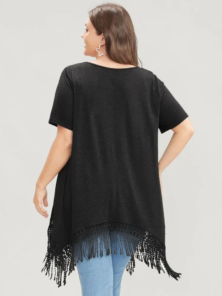 Solid Round Neck Lace Fringe Hem T-shirt