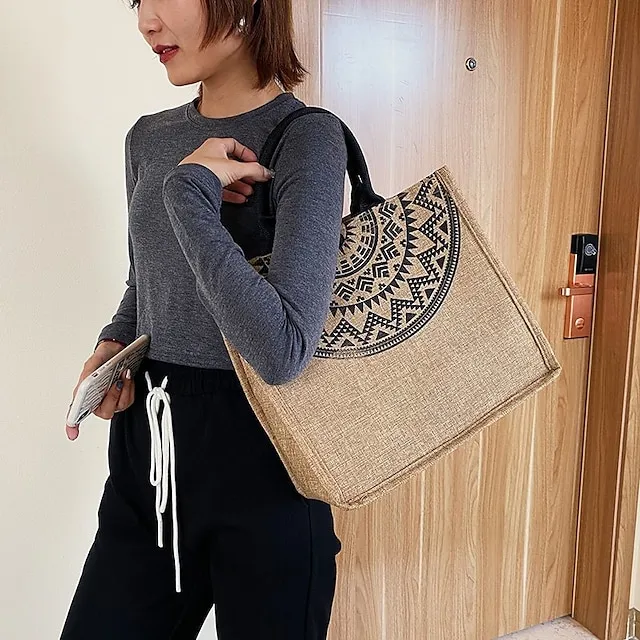 Women's Handbag Tote Linen Shopping Daily Buckle Large Capacity Foldable Lightweight Solid Color Folk khaki