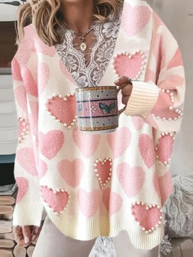 Pearl Heart Lace Stitching Casual Sweater