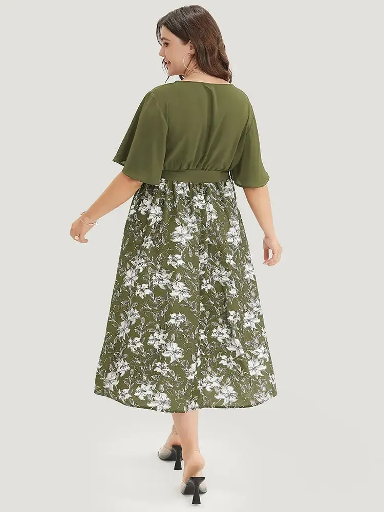 Floral Patchwork Pocket Belt Surplice Neck Ruffle Hem Dress