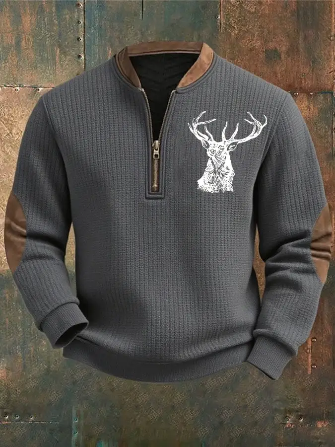Men's Retro Western Contrast Print Zip-Neck Sweatshirt