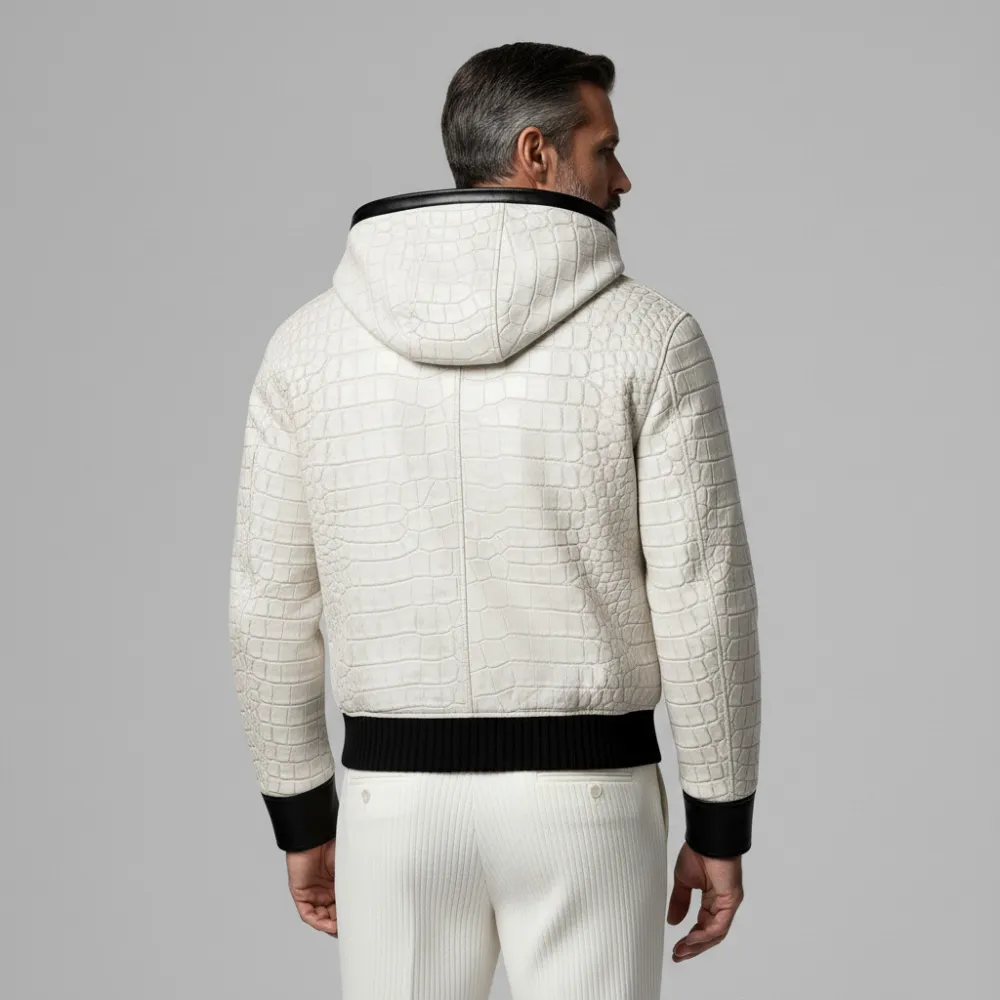 Men's White PU Leather Crocodile Pattern Contrast Binding Two-Way Zipper Hooded Jacket