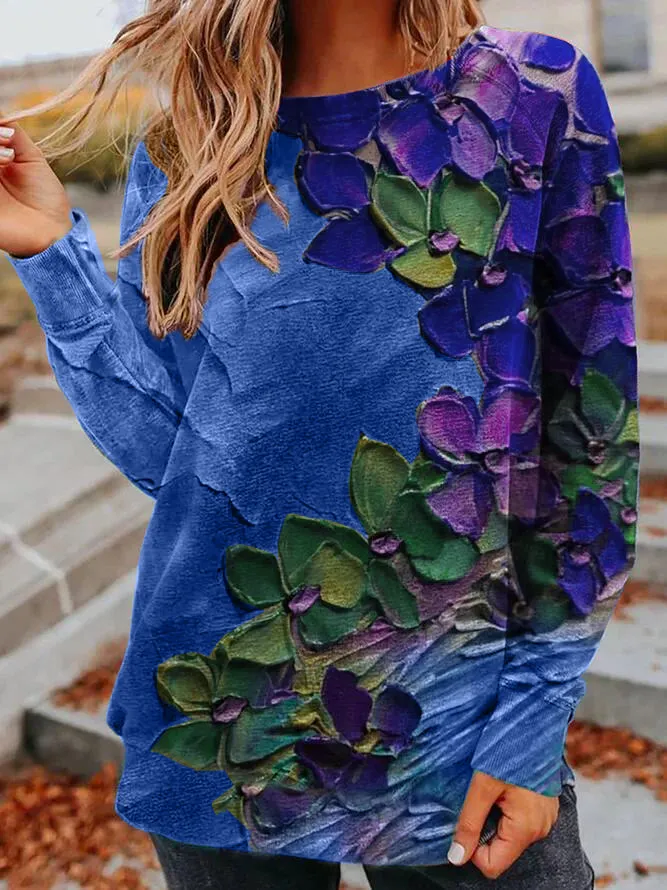 Crew Neck Floral Casual Sweatshirt