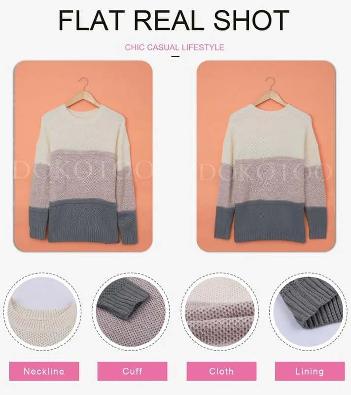 Womens Color Block Sweaters Long Sleeve Crewneck Pullover Knit Jumper Tops
