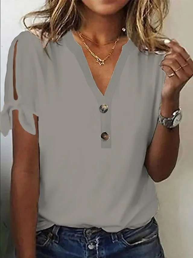 Women's T shirt Tee White Pink Blue Plain Button Cut Out Short Sleeve Daily Weekend Fashion Basic Elegant V Neck Regular Fit
