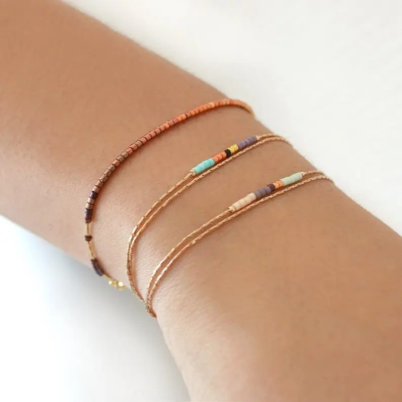 Dainty Rose Gold Bracelet with Small Beads, Boho Thin Beaded Chain Minimalist Jewelry, Delicate Elegant Gift For Her
