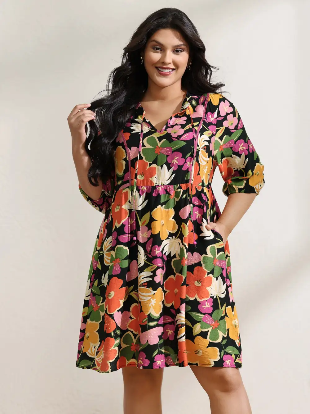 Colorful Floral Print Beaded A-Line Midi Dress