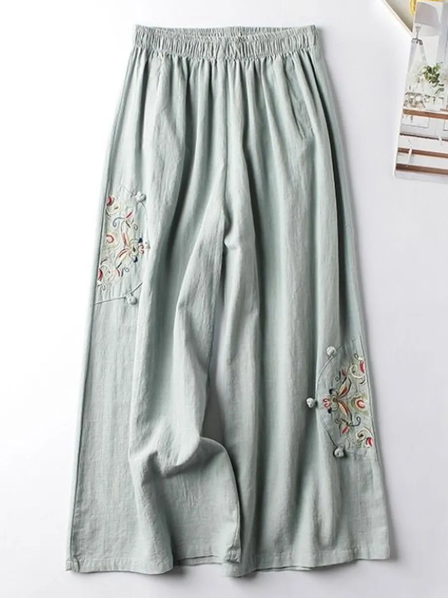 Casual Loose Embroidered Elastic Waist Pants