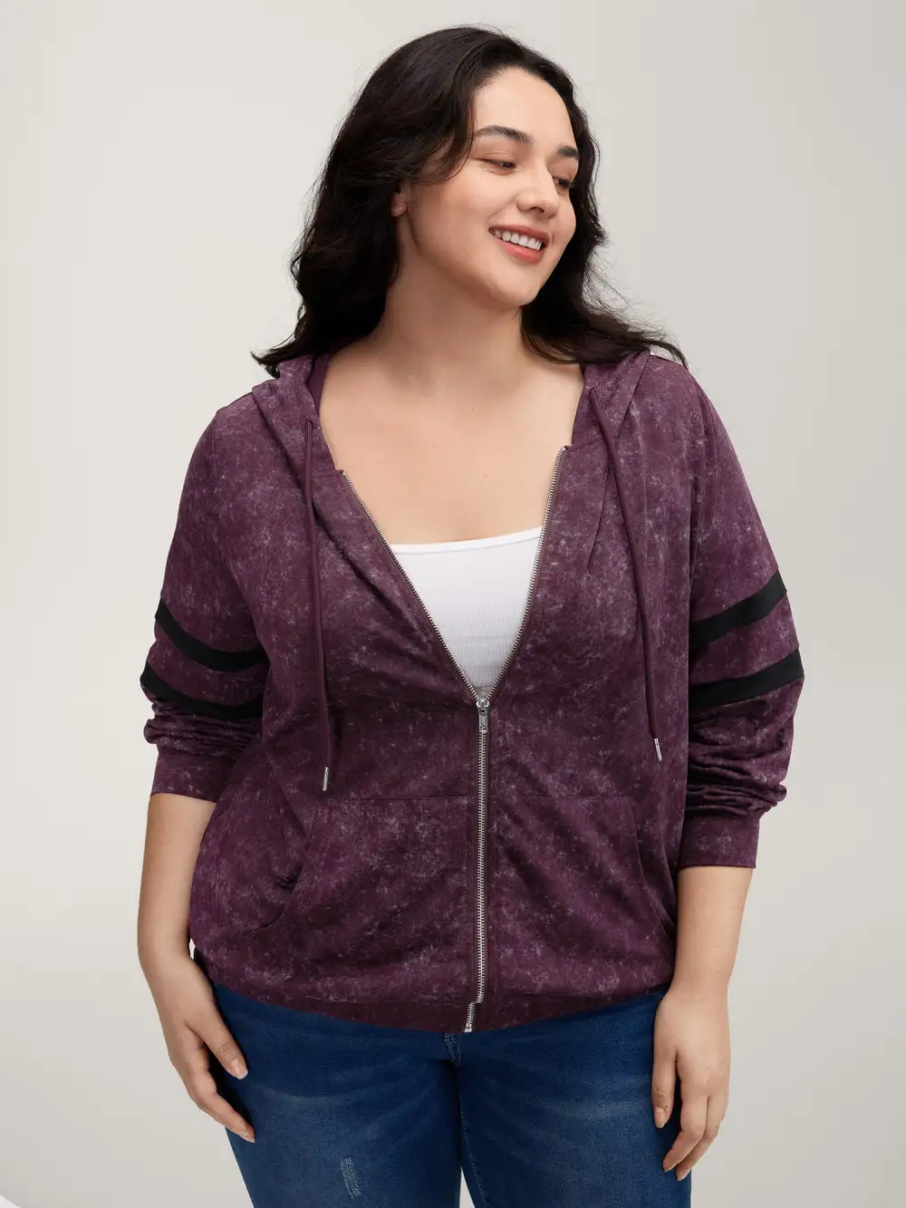 Stripe Sleeve Zipper-Front Pockets Jacket