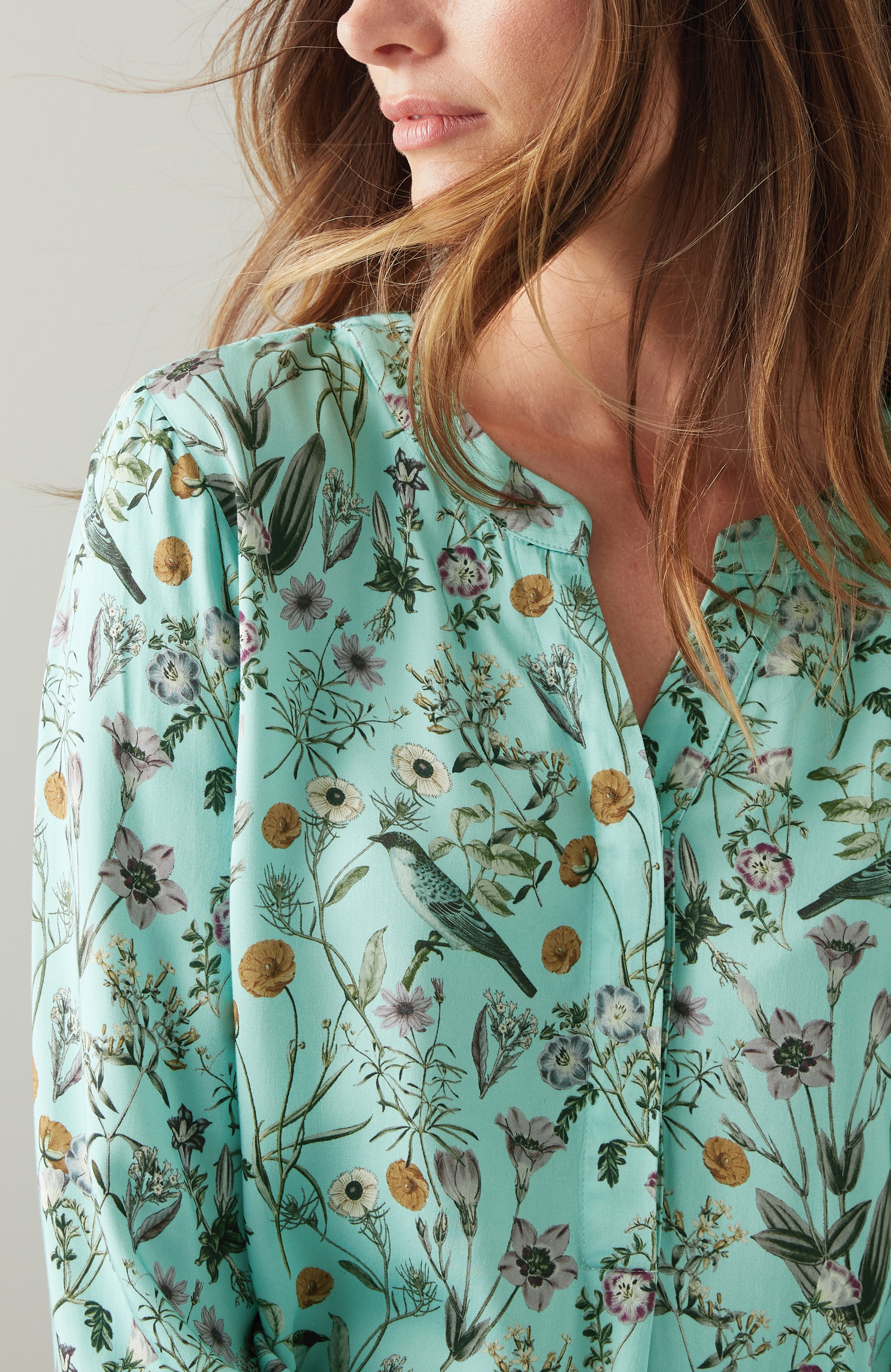 Botanical Birds Printed Satin Top