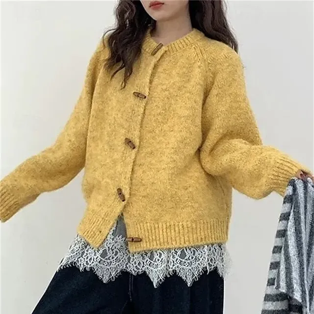 Women's Sweater Cardigan Elegant Fashion Streetwear Pure Color Crew Neck Pocket Knitted Long Sleeve Regular Tops Knit Outdoor Daily Weekend Yellow Light Green Fall Winter