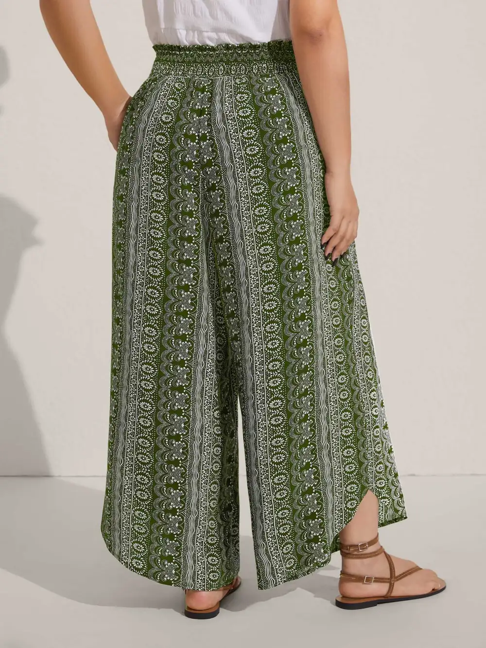 Boho Print Shirred Waist Wide-Leg Pants