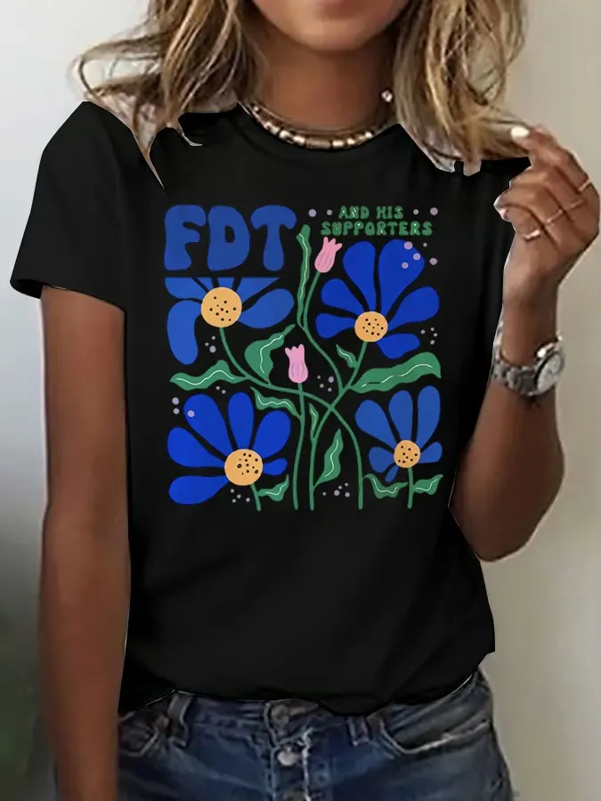 Women'S T-Shirt Women'S Printed T-Shirt Art Print Round Neck Pure Cotton Short Sleeve