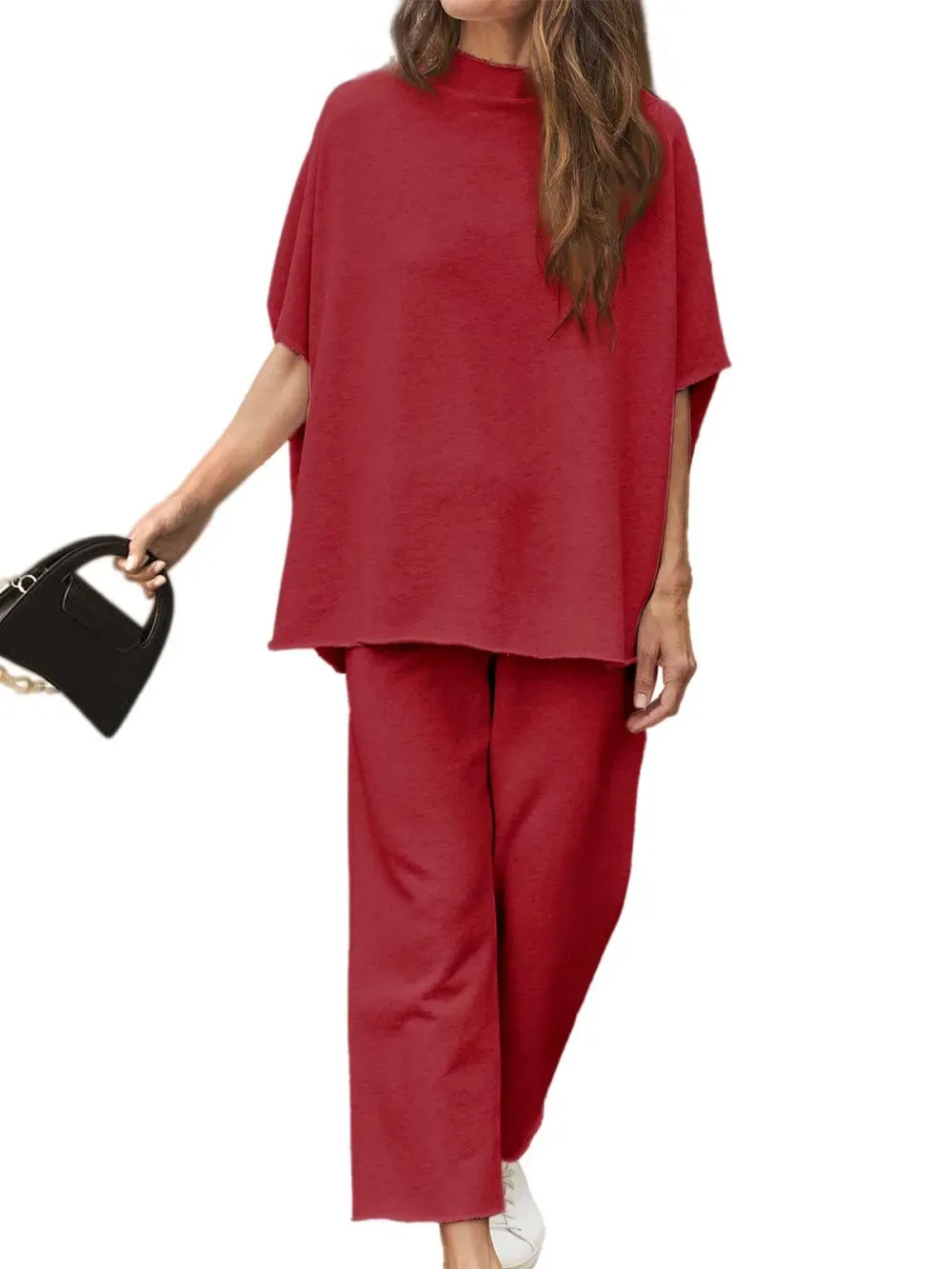 ✨Women's 2 Piece Outfits 3/4 Batwing Sleeve Pullover Top Wide Leg Pants Lounge Set