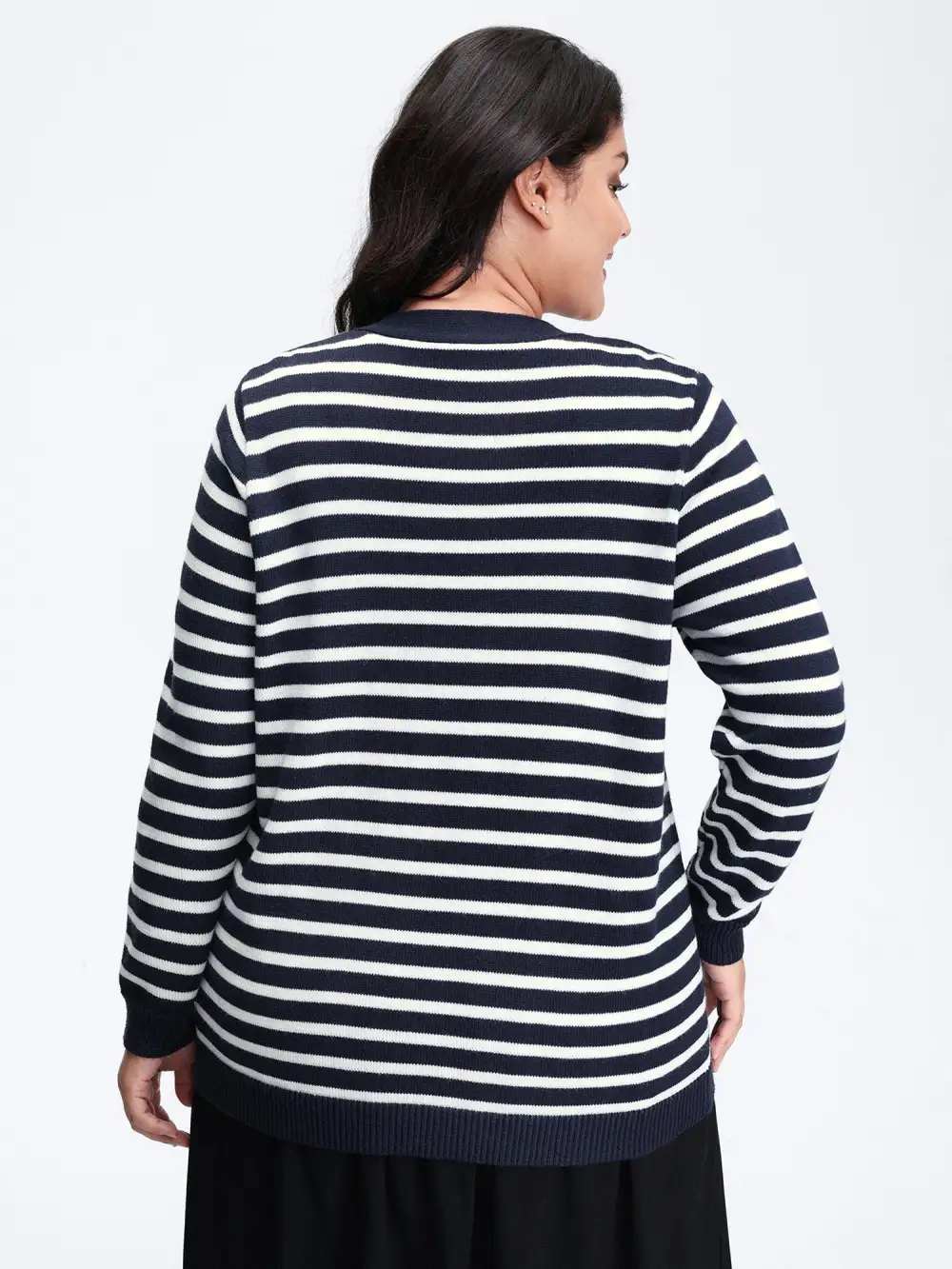 Wool-Blend Stripe Button Pockets Knit Cardigan