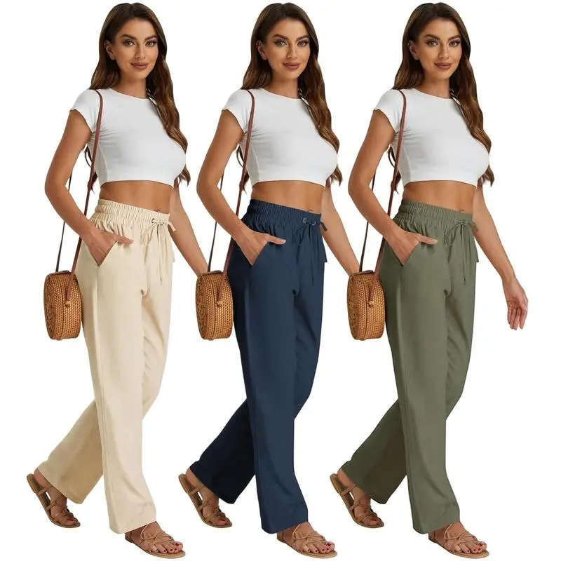 Women’s High Waist Linen Drawstring Pants – Casual Loose Fit with Pockets