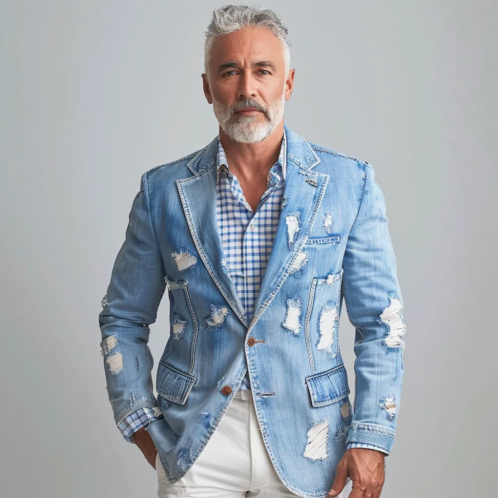 Men's Notched Lapel Two Button Ripped Denim Blazer