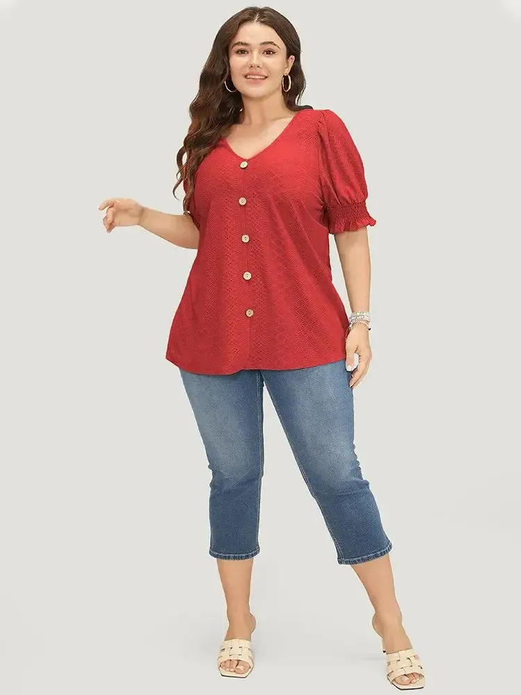 Plain Broderie Anglaise Shirred Puff Sleeve Button Detail T-shirt